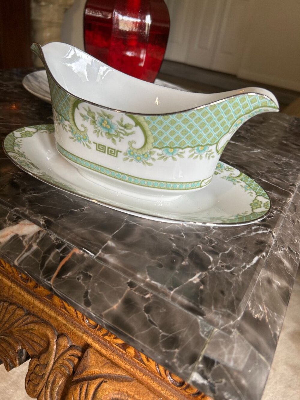 Sango Dynasty Gravy Boat With Underplate Vintage China Green Floral Serving Dish